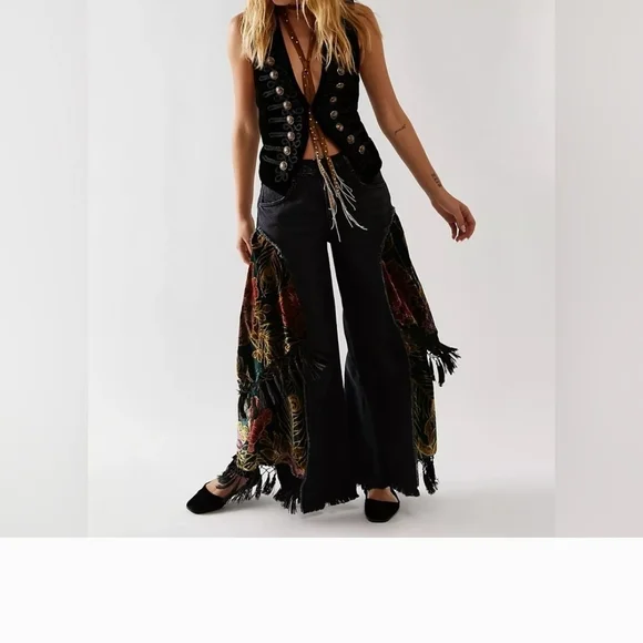 We The Free Black Just Frills Floral Velvet Fringe Jeans - Picture 8 of 13
